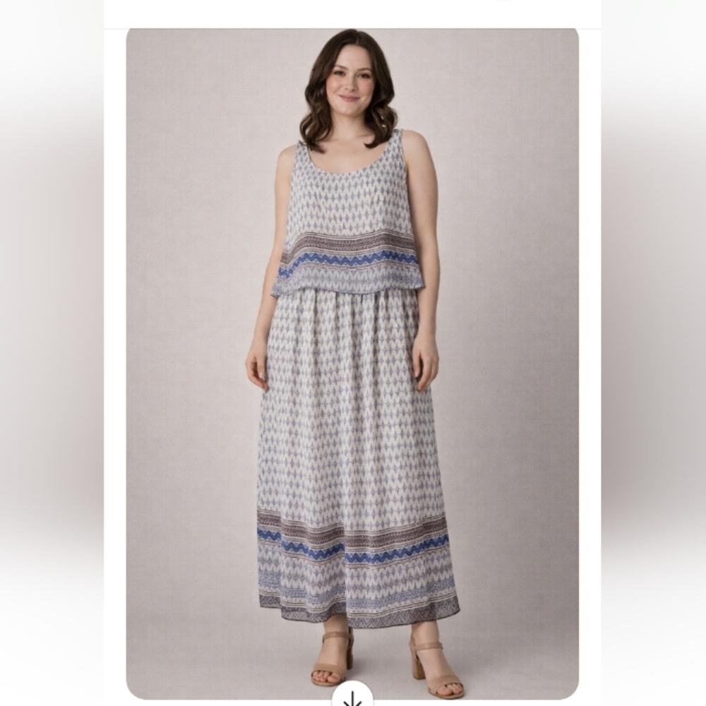 Robert Louis Boho Print Maxi Dress Size M Blue White Tiered Overlay